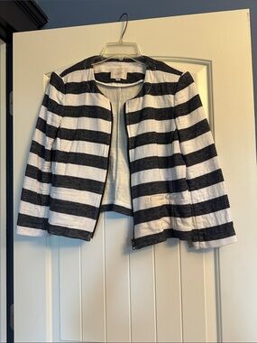 LOFT Black & White Striped Open-Front Blazer